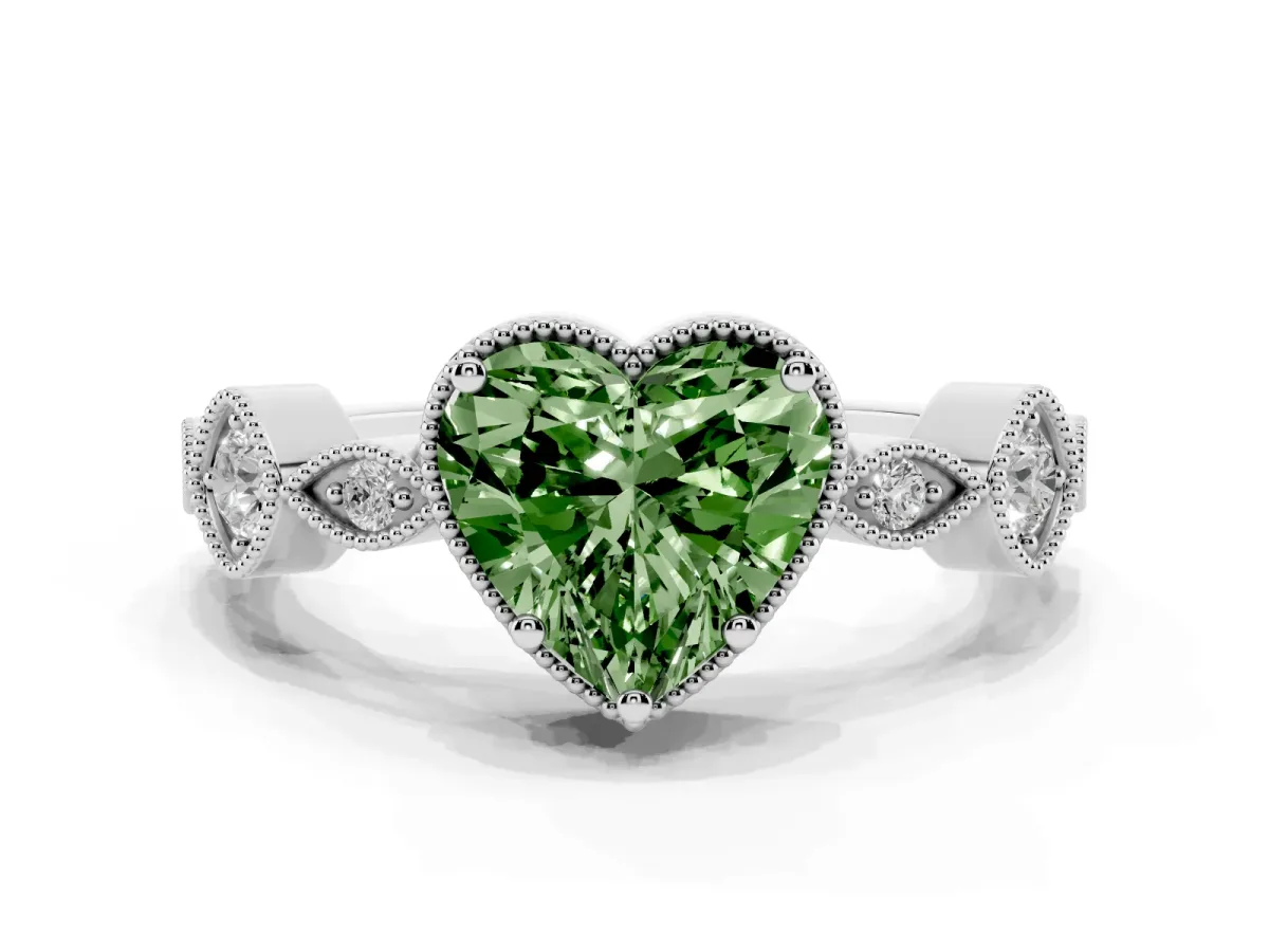 Fancy Green Heart Cut Diamond Vintage Milgrain Ring with Round Stations Silver