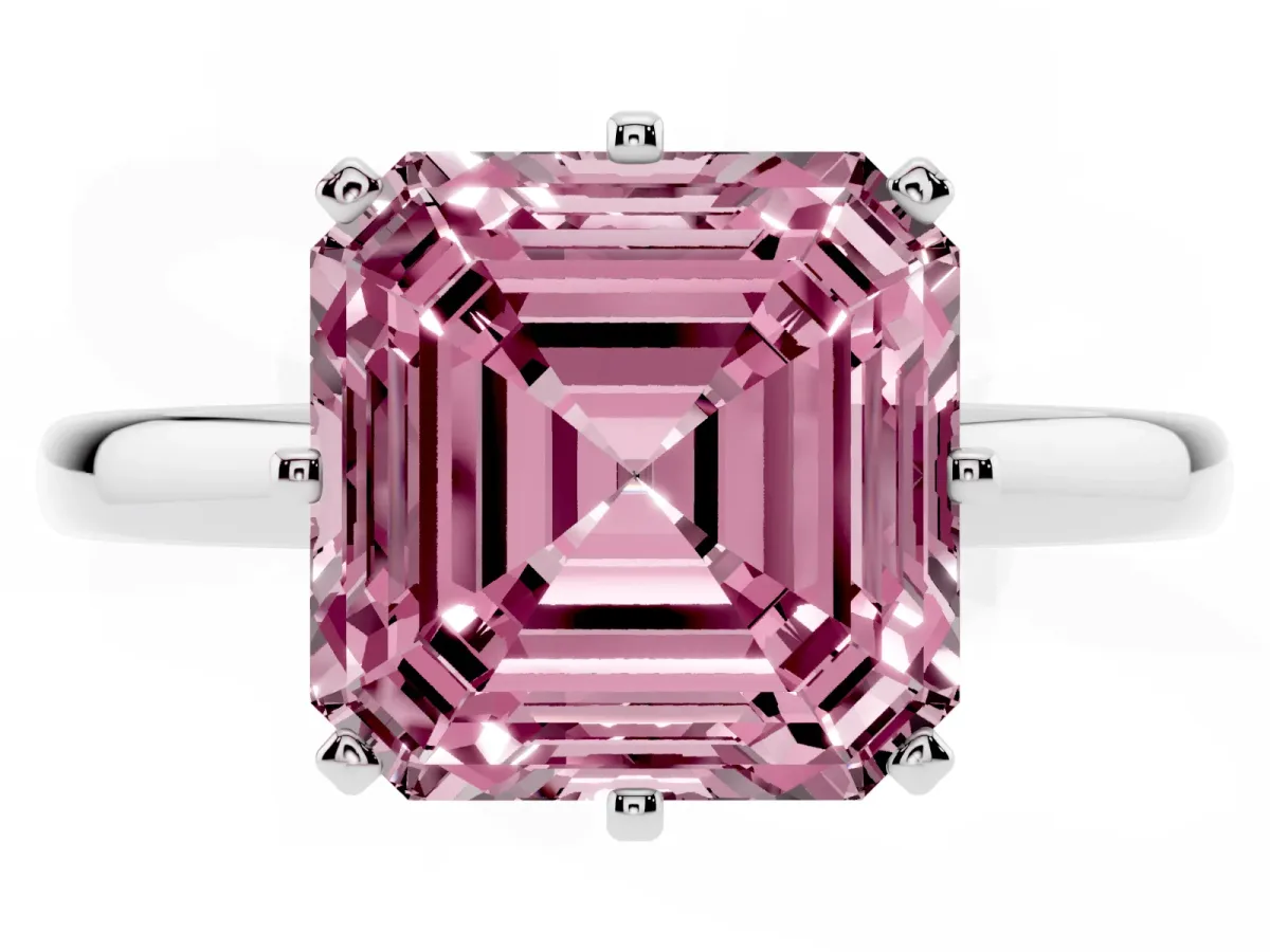 Fancy Pink Asscher Cut Solitaire Diamond Ring with Six-Prong Setting on a Classic Band Silver