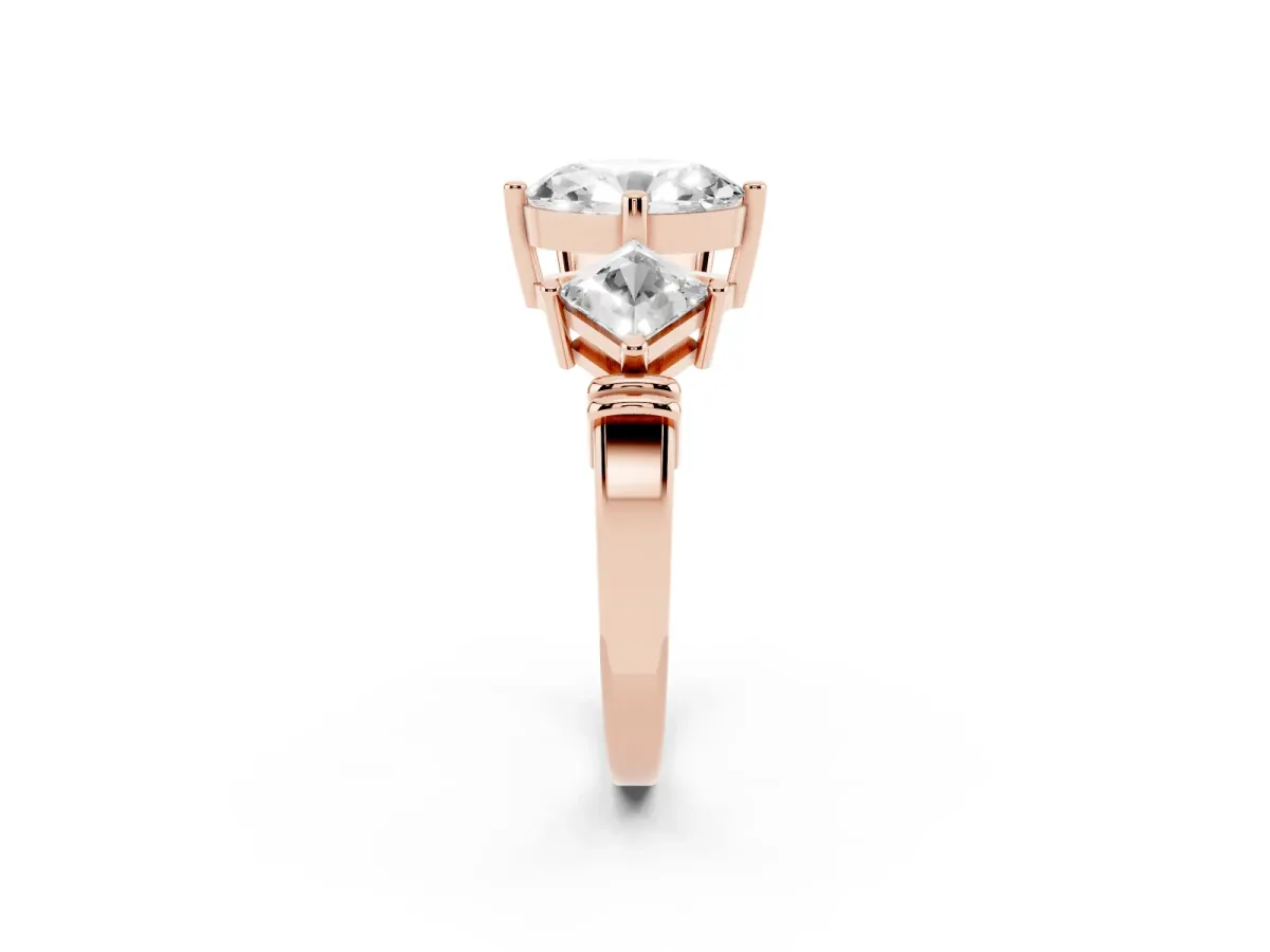 Three-Stone Oval Cut and Princess Cut Diamond Ring with Channel Band and Four-Prong Setting Rose gold
