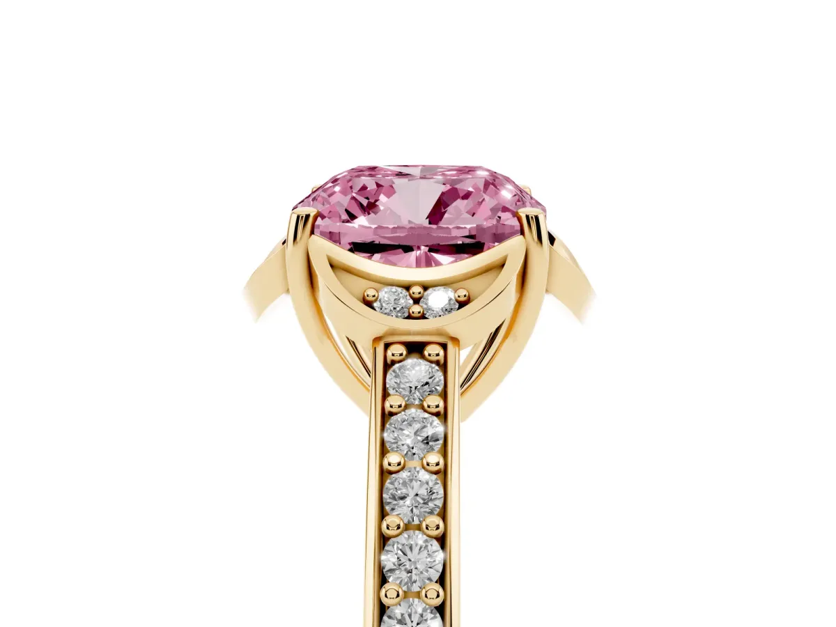 Fancy Pink Cushion Cut Cut Halo Diamond Ring with Channel Set Band and Four-Prong Setting Yellow gold