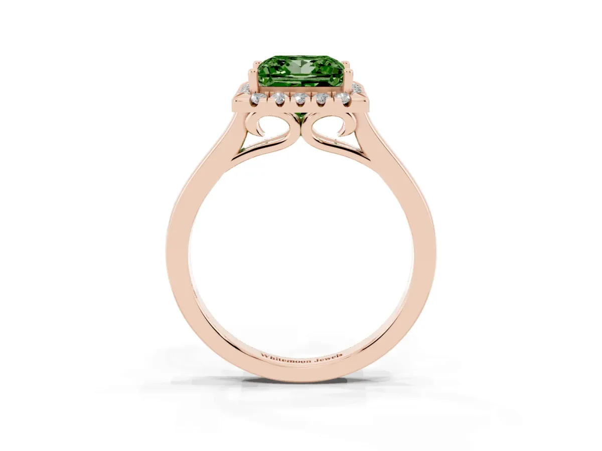 Fancy Green Princess Cut Halo Round Diamond Solitaire Ring with Pavé Band and Four-Prong Setting Rose gold