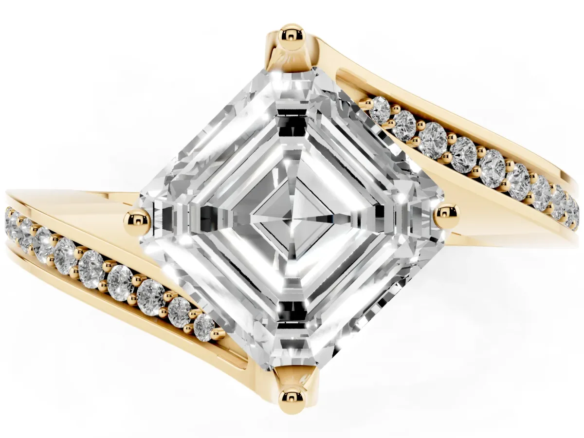Asscher Cut Solitaire Diamond Twist Band with Pavé Setting and Four-Prong Setting Yellow gold