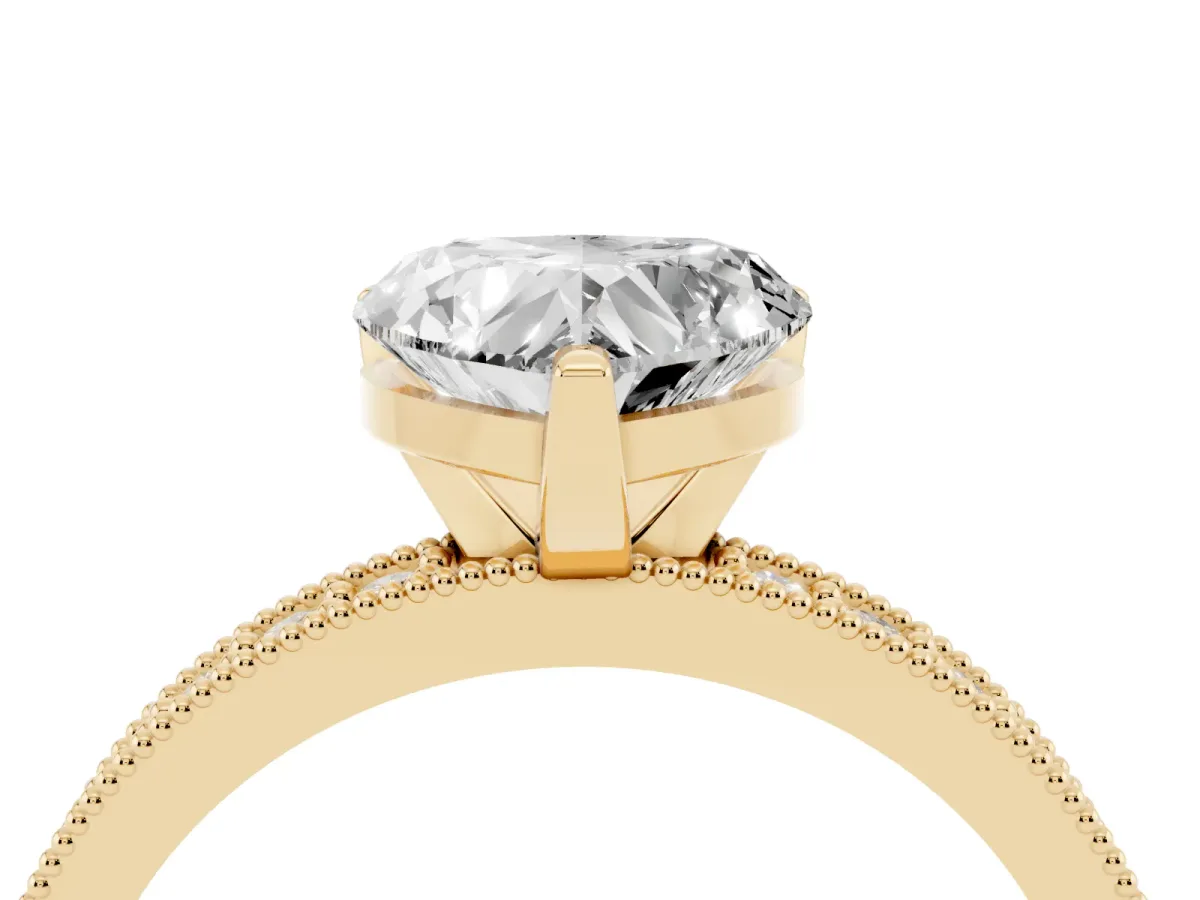 Heart Cut Diamond Milgrain Pavé Engagement Ring with Four-Prong Setting Yellow gold