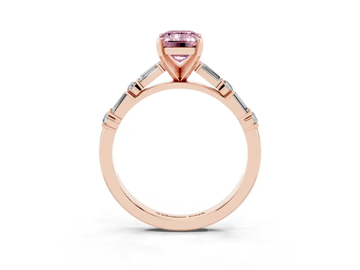 Fancy Pink Emerald Cut Diamond Solitaire with Side Baguettes and Channel Set Band Rose gold