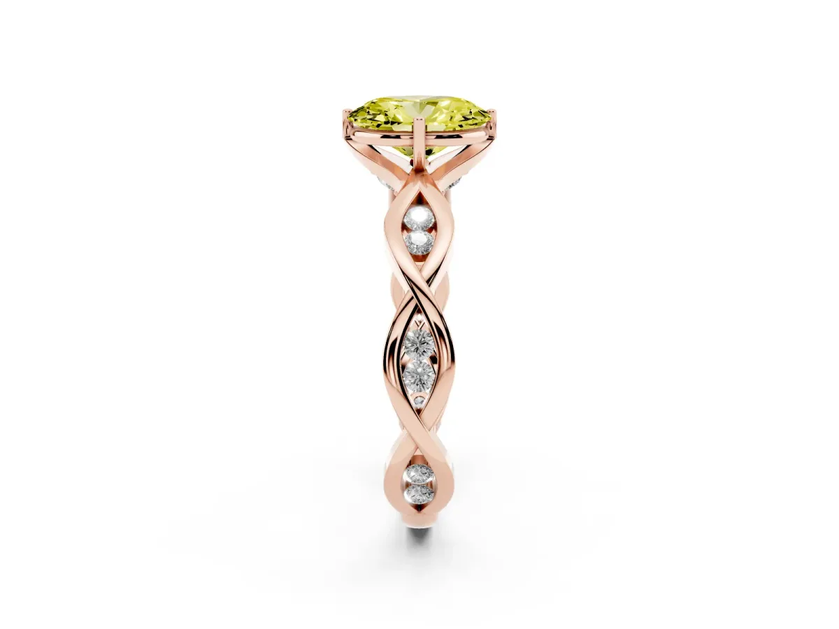 Fancy Yellow Oval Cut Solitaire Twist Band with Leaf Prong Setting Rose gold