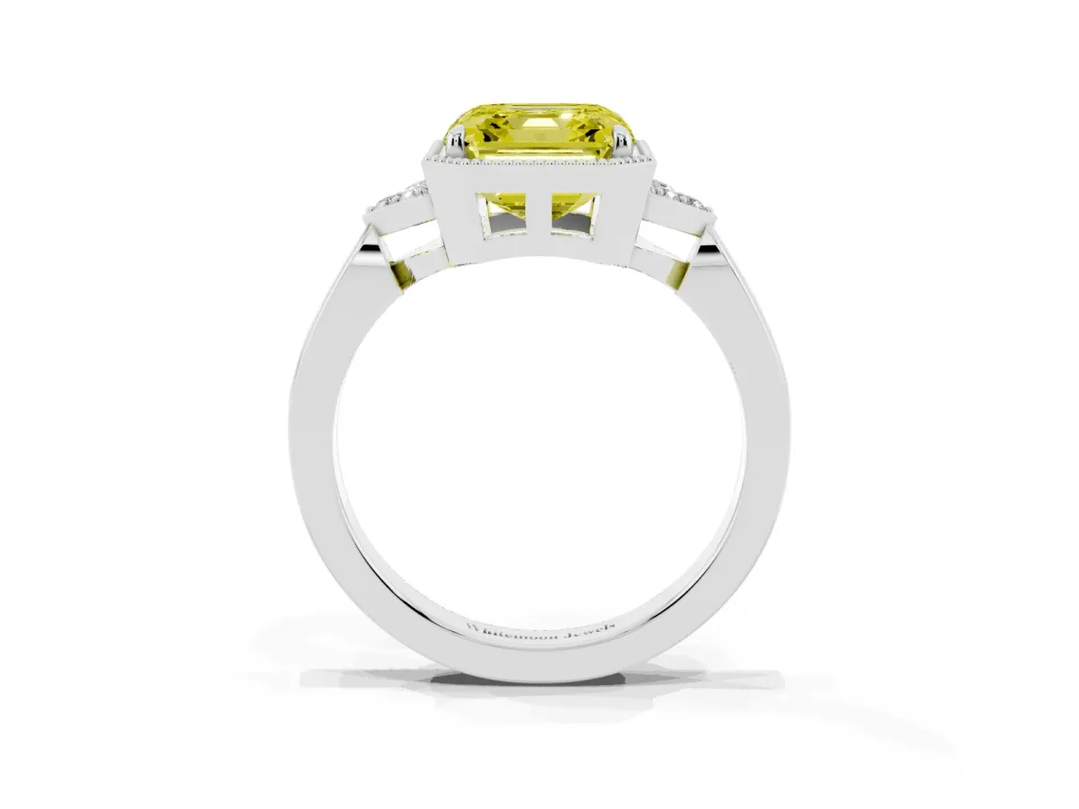 Fancy Yellow Asscher Cut Diamond Halo Ring with Tapered Band and Four-Prong Setting Platinum