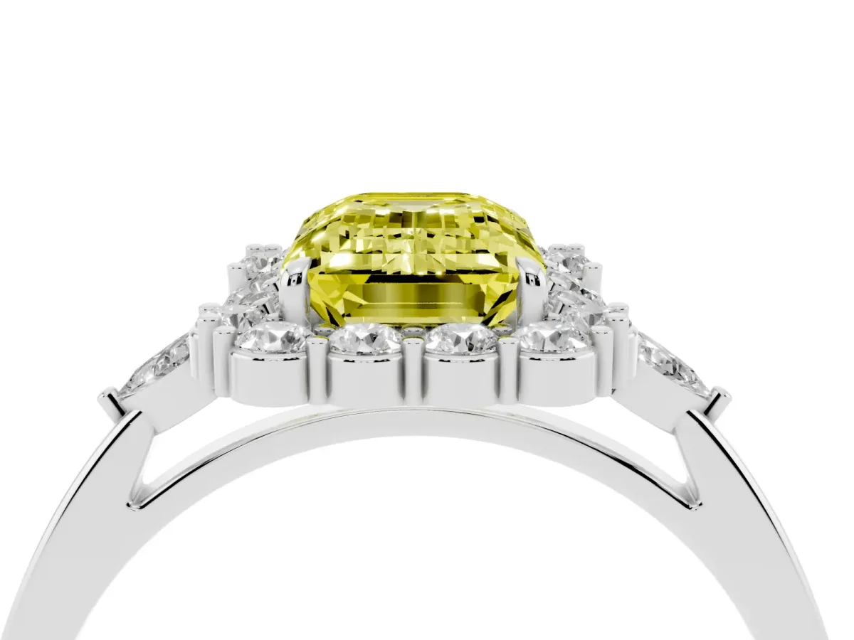 Fancy Yellow Emerald Cut Diamond Halo Ring with Pear Side Stones and Prong Setting Silver