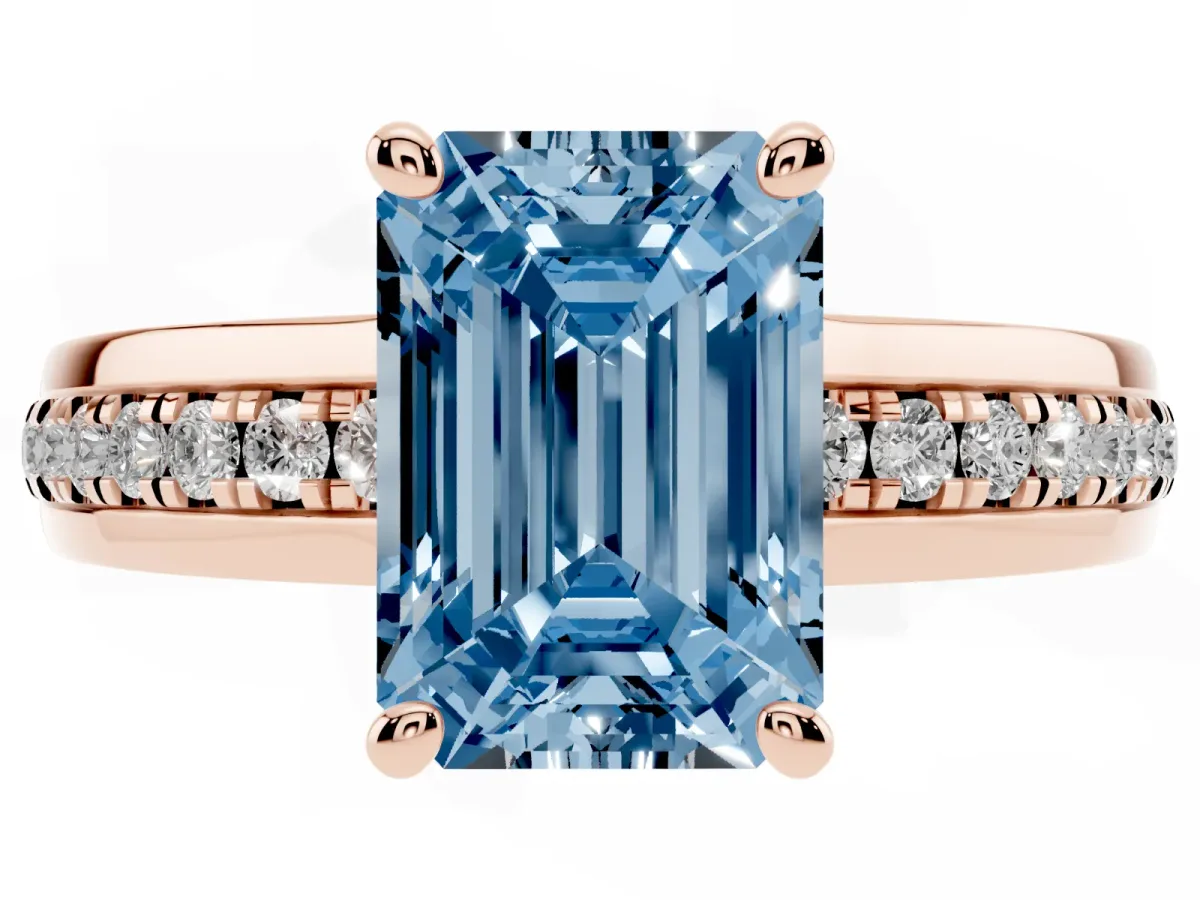 Fancy Blue Emerald Cut Solitaire Diamond Ring with Channel Set Band and Six-Prong Setting Rose gold