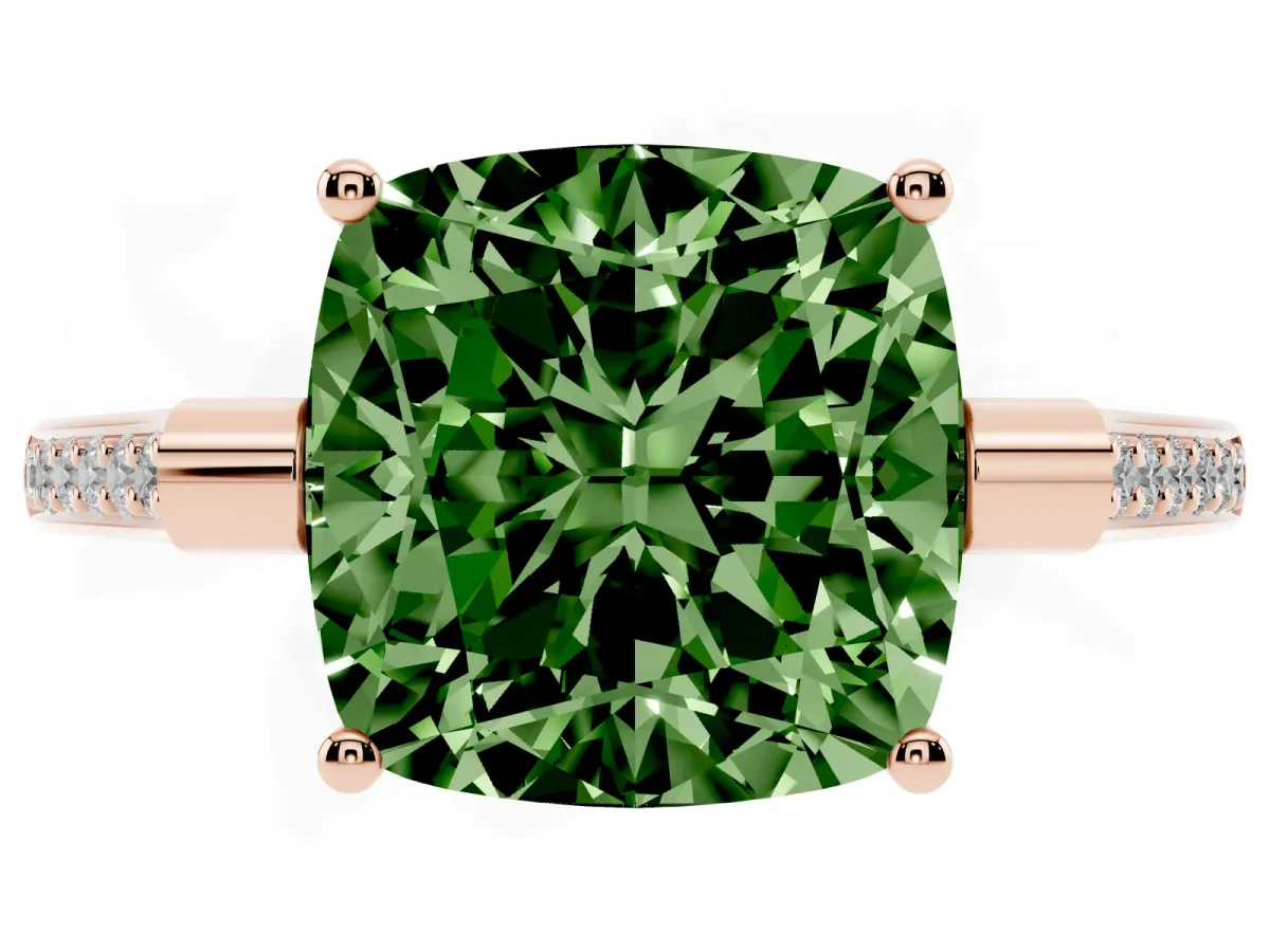 Fancy Green Cushion Cut Solitaire Diamond Ring with Channel Set Band and Bezel Prong Setting Rose gold