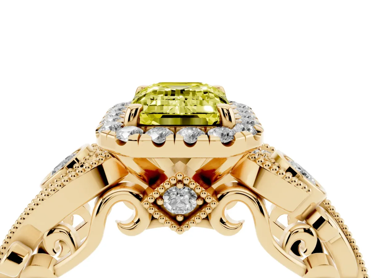 Fancy Yellow Emerald Cut Diamond Halo Ring with Milgrain Pavé Band and Four-Prong Setting Yellow gold