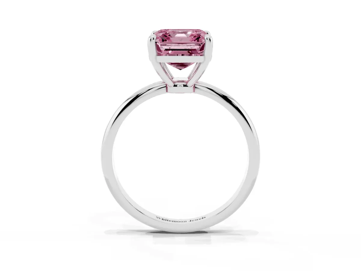 Fancy Pink Asscher Cut Solitaire Diamond Ring with 4-Prong Setting on a Classic Band Silver
