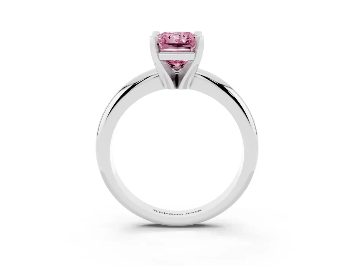 Fancy Pink Radiant Cut Diamond Solitaire Engagement Ring with Round Band and Four-Prong Setting White gold