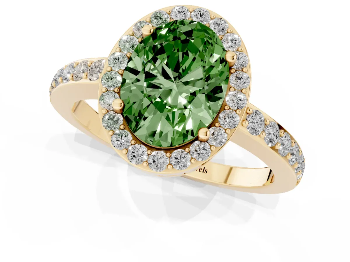 Fancy Green Oval Cut Halo Diamond Pavé Band Ring with Prong Setting Yellow gold