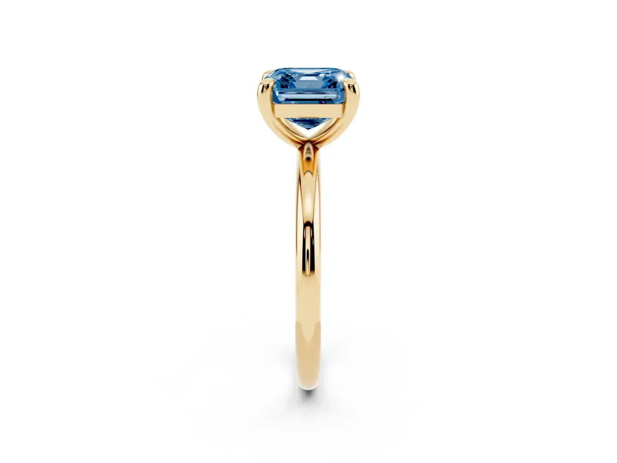 Fancy Blue Asscher Cut Solitaire Diamond Ring with Four-Prong Setting on a Plain Band Yellow gold