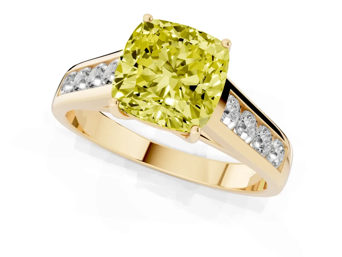 Fancy Yellow Cushion Cut Brilliant Channel-Set Solitaire Ring with Four-Prong Setting Yellow gold