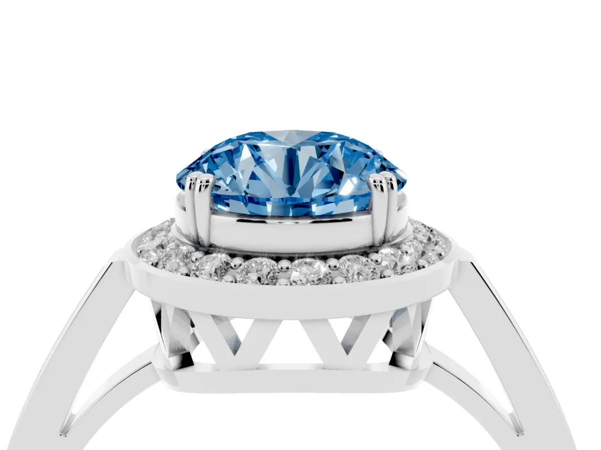 Fancy Blue Round Cut Diamond Halo Ring with Split Shank and Four-Prong Setting White gold