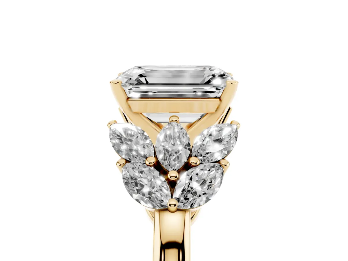 Emerald Cut Diamond Cluster Leaf Design Ring with Prong Setting Yellow gold