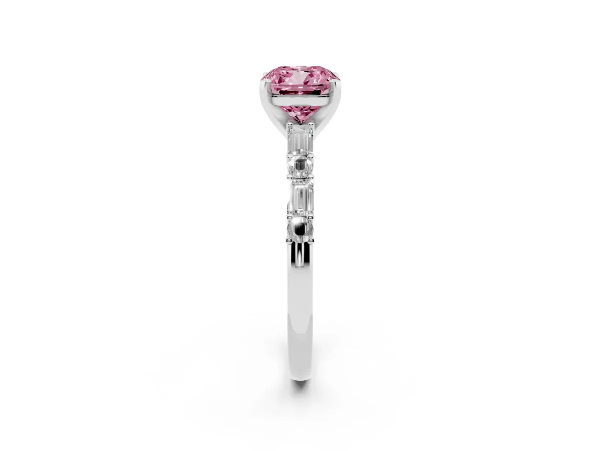 Fancy Pink Cushion Cut Diamond Solitaire with Side Baguettes and Channel Set Band Silver
