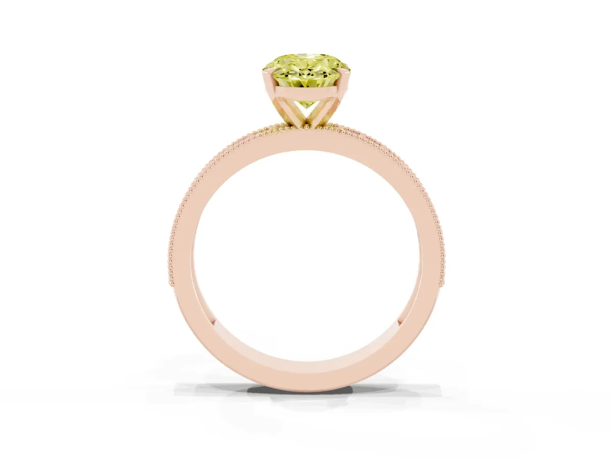 Fancy Yellow Oval Cut Diamond Milgrain Pavé Engagement Ring with Four-Prong Setting Rose gold