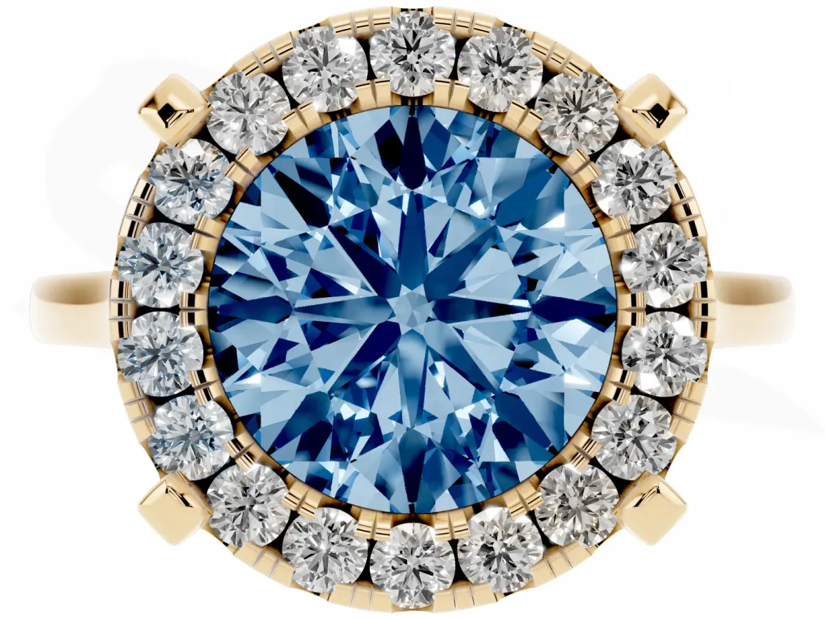 Fancy Blue Round Cut Diamond Cluster Halo Solitaire with Four-Prong Setting Yellow gold