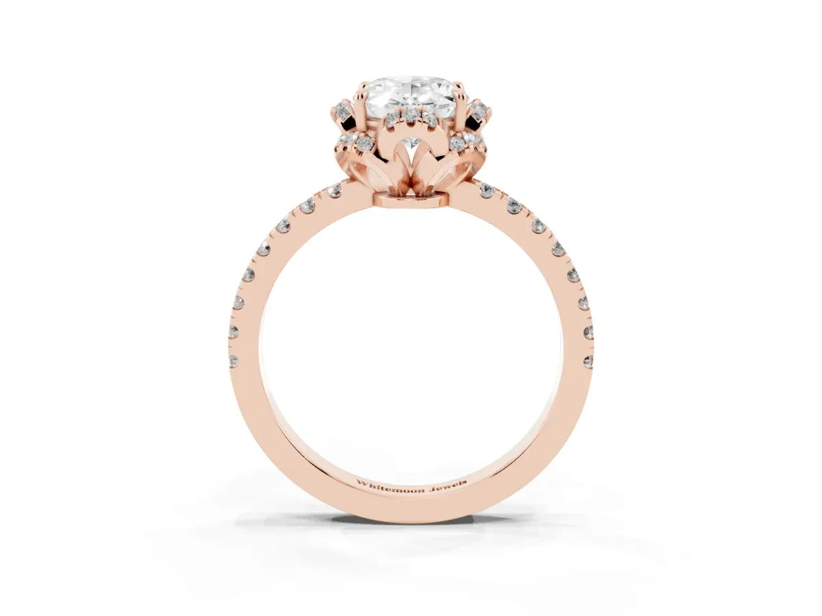 Oval Cut Diamond Halo Pave Band with Four-Prong Setting Rose gold