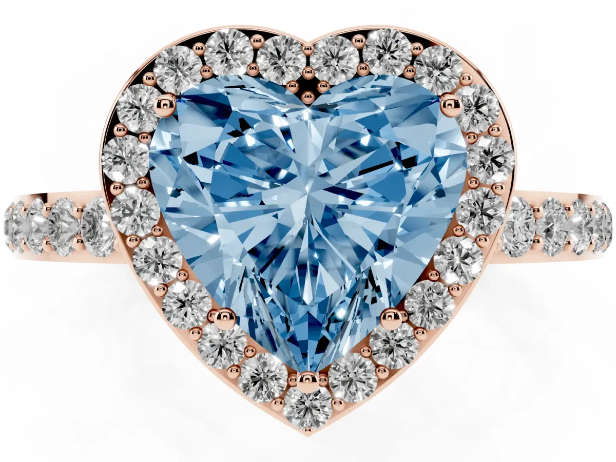 Fancy Blue Heart Cut Halo Diamond Pavé Band Ring with Prong Setting Rose gold