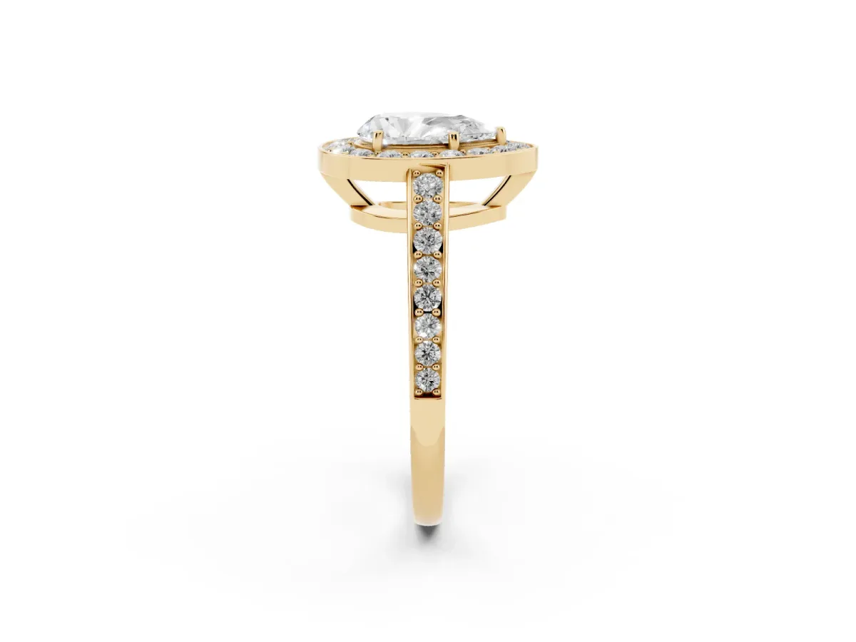 Pear Cut Halo Pavé Diamond Engagement Ring with Bezel Setting Yellow gold