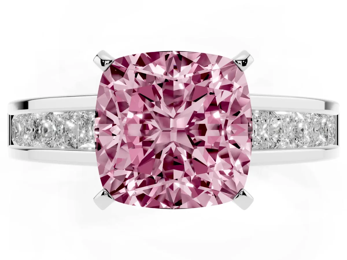 Fancy Pink Cushion Cut Solitaire Diamond Ring with Channel-Set Band and Four-Prong Setting Silver