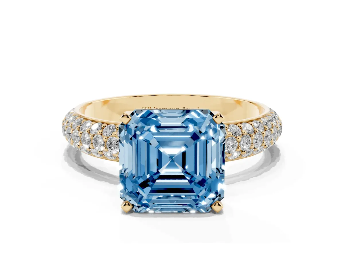 Fancy Blue Asscher Cut Diamond Solitaire Ring with Prong Setting and Pavé Band Yellow gold