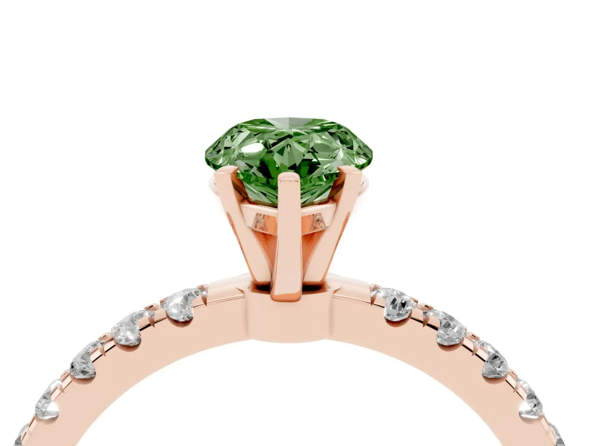 Fancy Green Pear Cut Diamond Solitaire Ring with Pavé Accents and Four-Prong Setting Rose gold