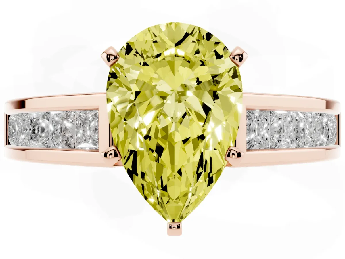 Fancy Yellow Pear Cut Solitaire Diamond Ring with Channel-Set Band and Four-Prong Setting Rose gold