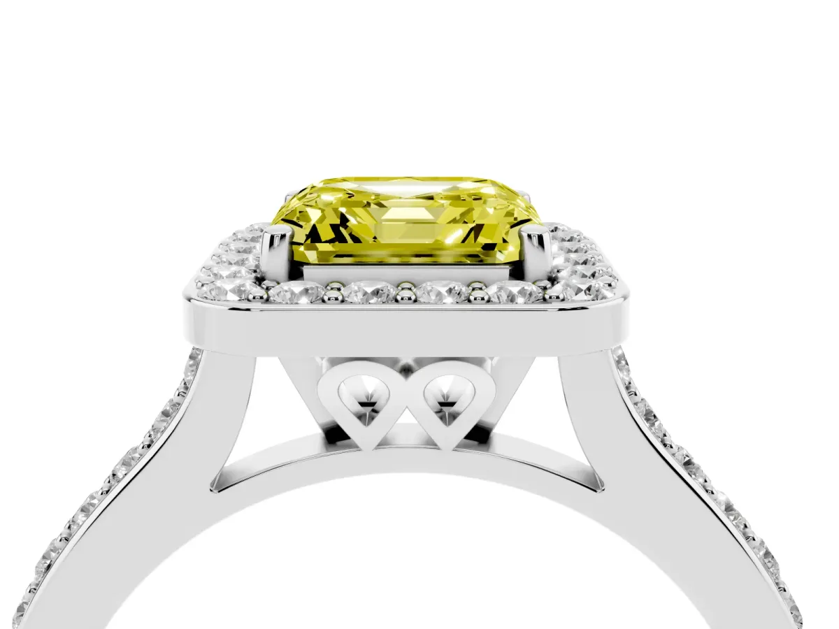 Fancy Yellow Asscher Cut Diamond Halo Engagement Ring with Round Pavé Shoulders and Prong Setting Silver