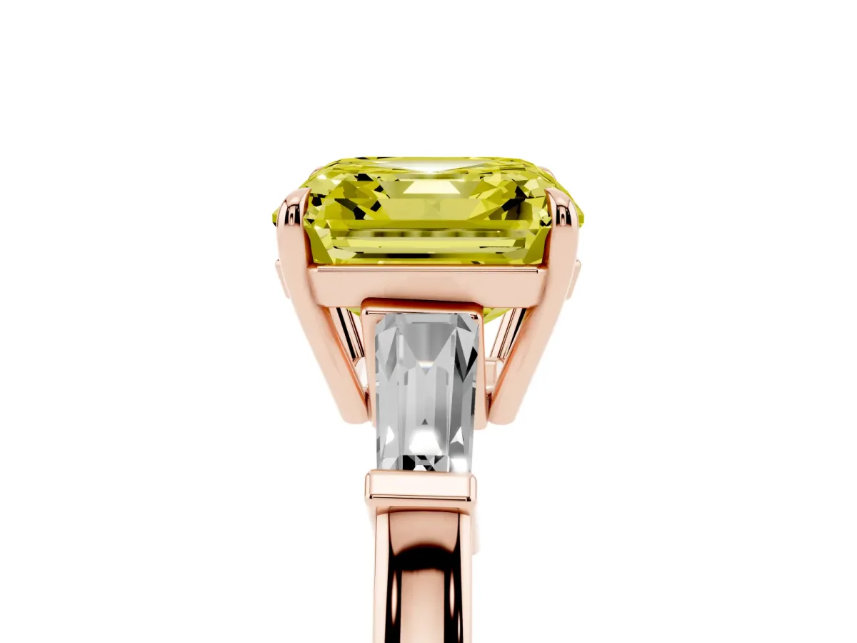 Fancy Yellow Asscher Cut Diamond Three-Stone Ring with Tapered Baguette Side Stones and Prong Setting Rose gold