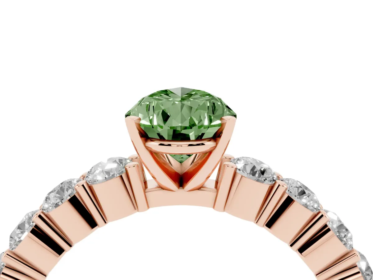 Fancy Green Pear Cut Diamond Solitaire Ring with Shared Prong Round Side Stones Rose gold
