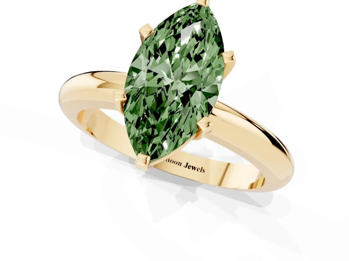 Fancy Green Marquise Cut Diamond Solitaire Engagement Ring with Round Band and Four-Prong Setting Yellow gold