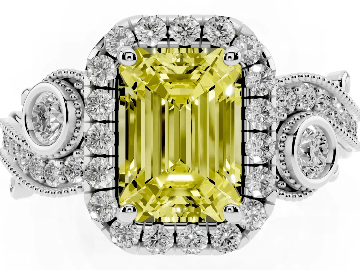 Fancy Yellow Emerald Cut Halo Diamond Ring with Milgrain and Bezel Accents on a Split Shank Band Platinum