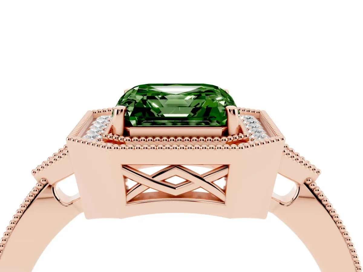 Fancy Green Asscher Cut Halo Round Diamond Milgrain Pave Engagement Ring Rose gold