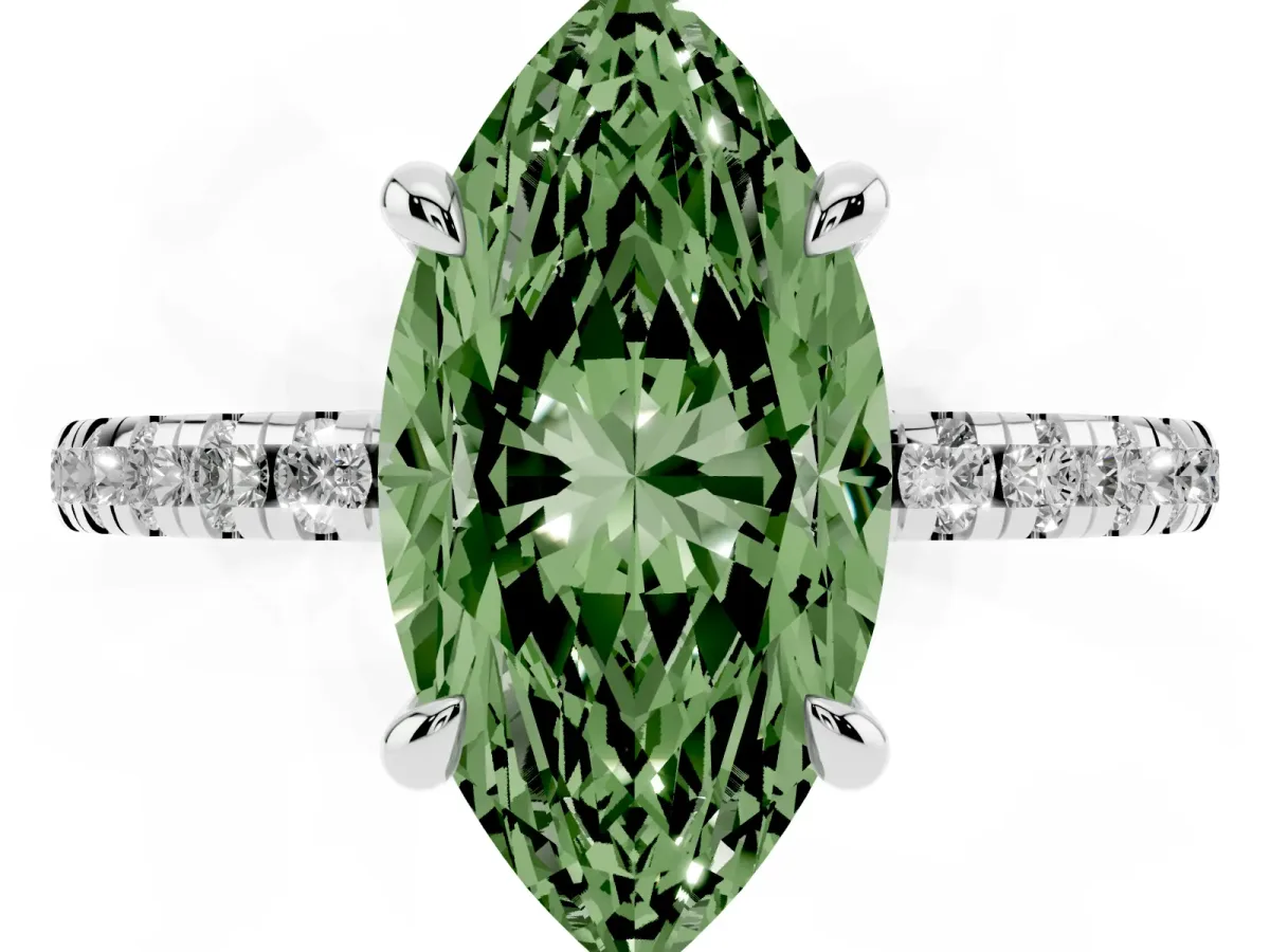 Fancy Green Marquise Cut Diamond Brilliant Solitaire Ring with Pavé Band and Four-Prong Setting White gold