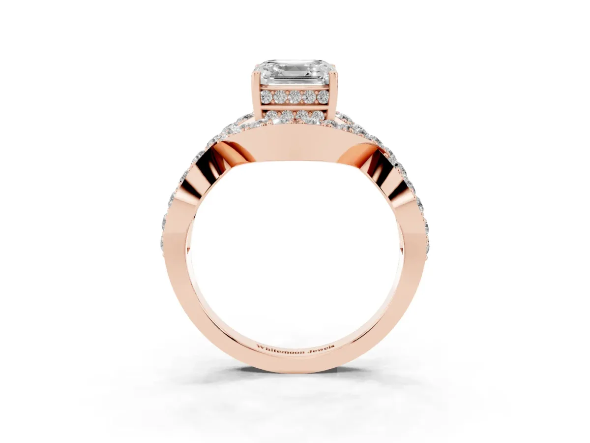 Asscher Cut Solitaire Twist Band Pavé Diamond Engagement Ring Rose gold