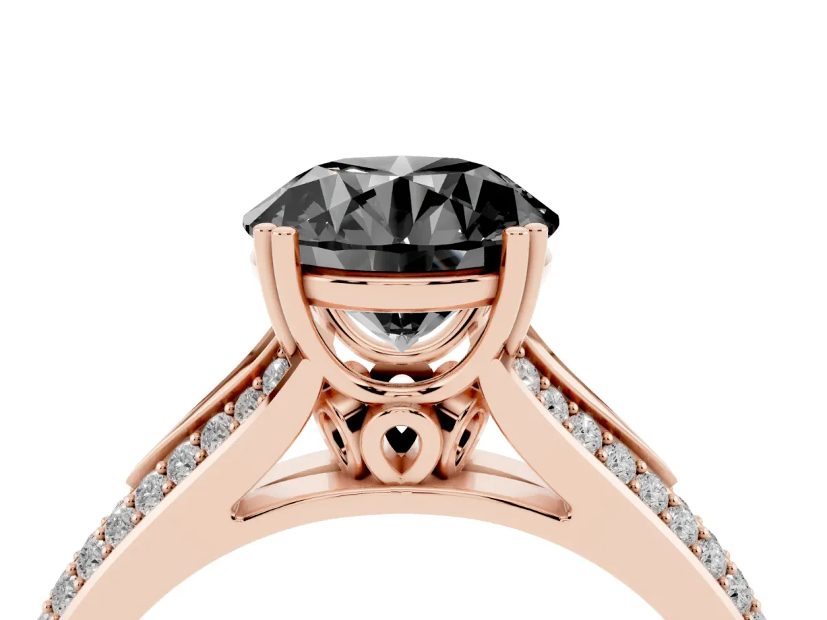 Fancy Black Round Cut Diamond Split Shank Engagement Ring with Pavé Band Rose gold
