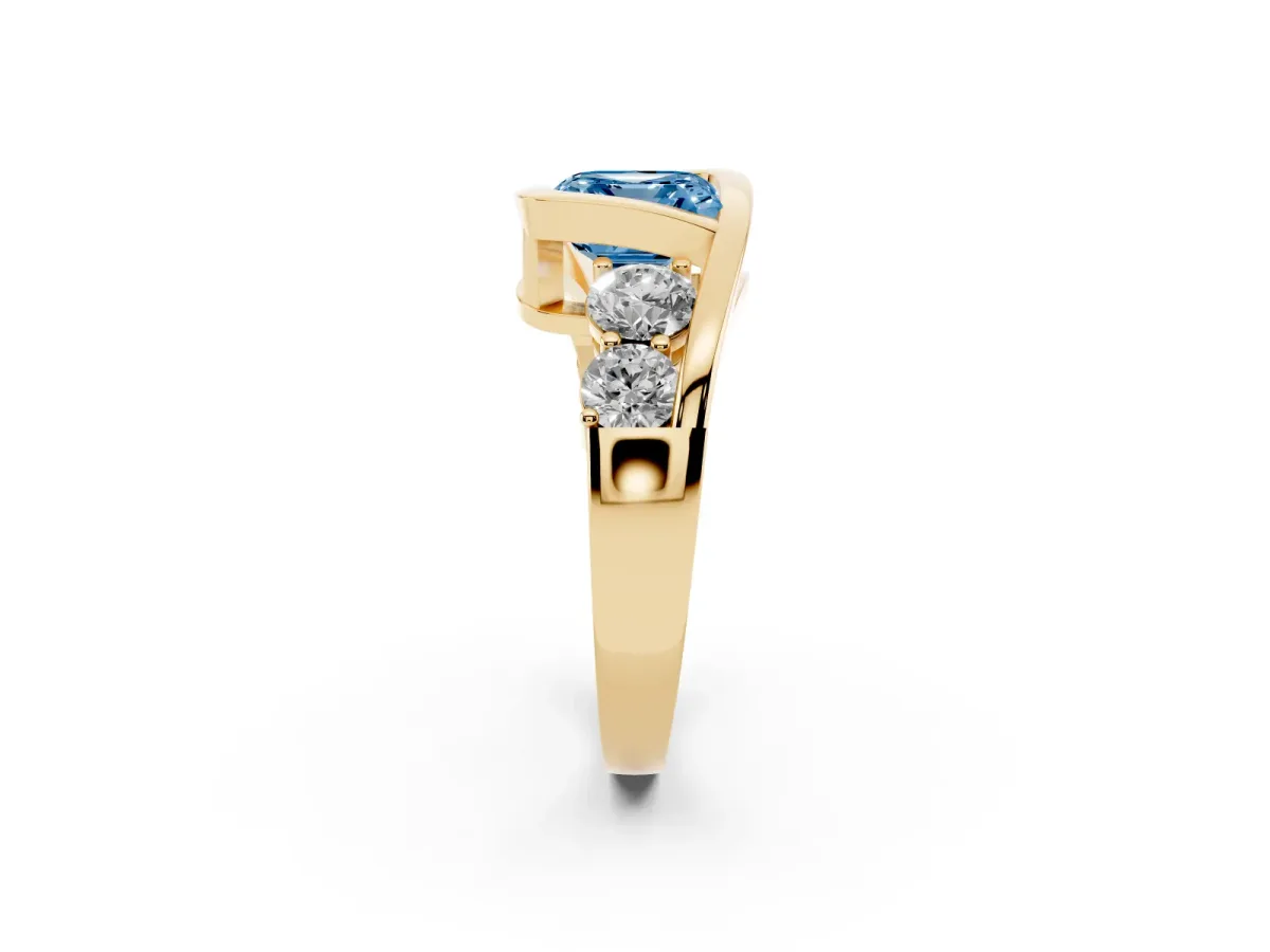 Fancy Blue Bezel Set Asscher Cut Diamond Bypass Ring with Round Accents Yellow gold