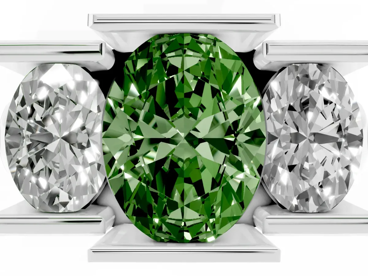 Fancy Green Three Stone Oval Cut Cut Channel Set Diamond Ring White gold