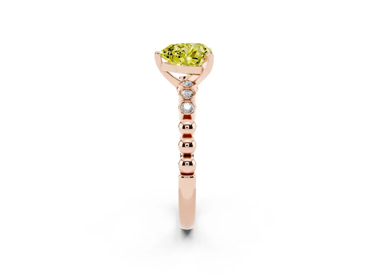 Fancy Yellow Heart Cut Solitaire Bezel Accent Diamond Engagement Ring with Beaded Band and Four-Prong Setting Rose gold