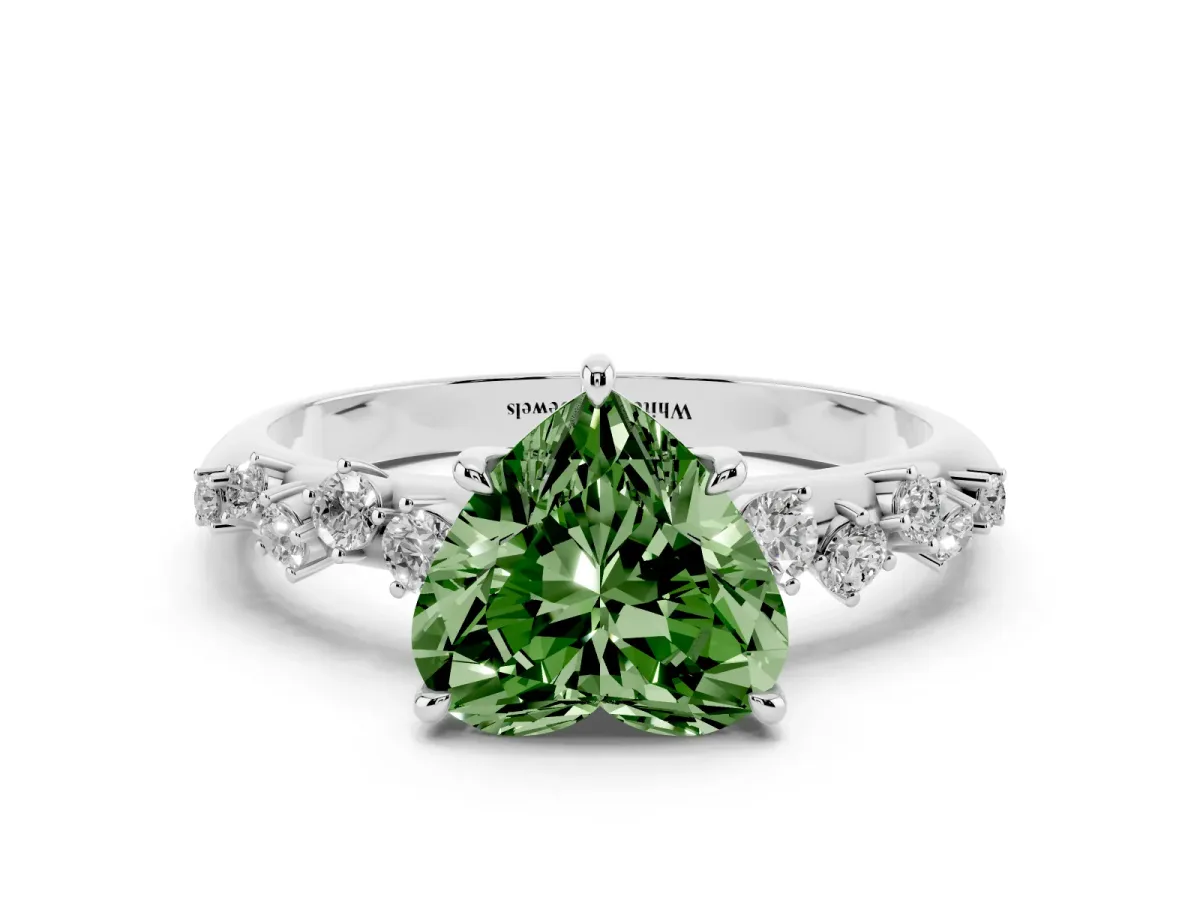 Fancy Green Heart Cut Diamond Cluster Side Stone Solitaire Ring with Prong Setting Platinum
