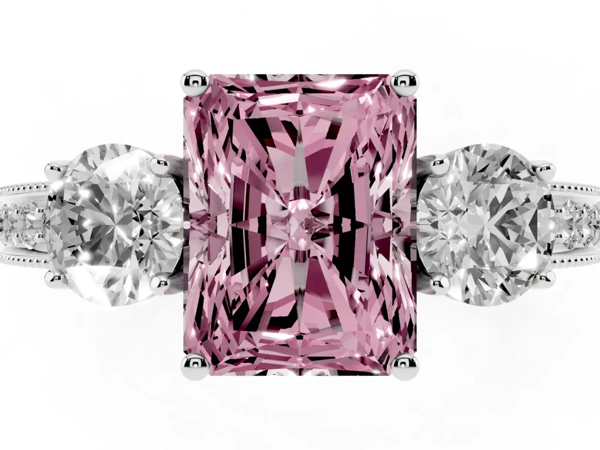 Fancy Pink Radiant Cut Three-Stone Diamond Ring with Pavé Band and Four-Prong Setting Silver
