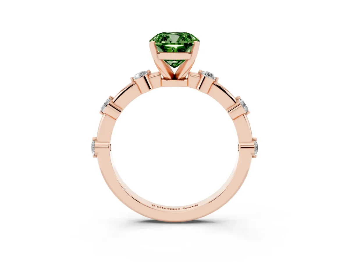 Fancy Green Cushion Cut Solitaire Diamond Ring with Bezel Set Side Stones and Prong Setting Rose gold