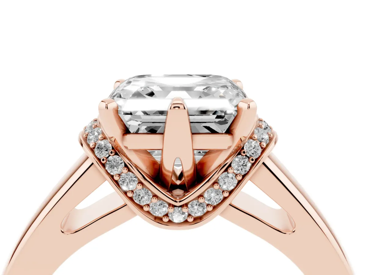 Asscher Cut Solitaire Diamond Ring with Pave Band and Six-Prong Setting Rose gold