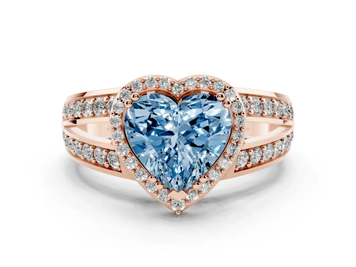Fancy Blue Heart Cut Diamond Halo Ring with Split Shank Pavé Band and Four-Prong Setting Rose gold