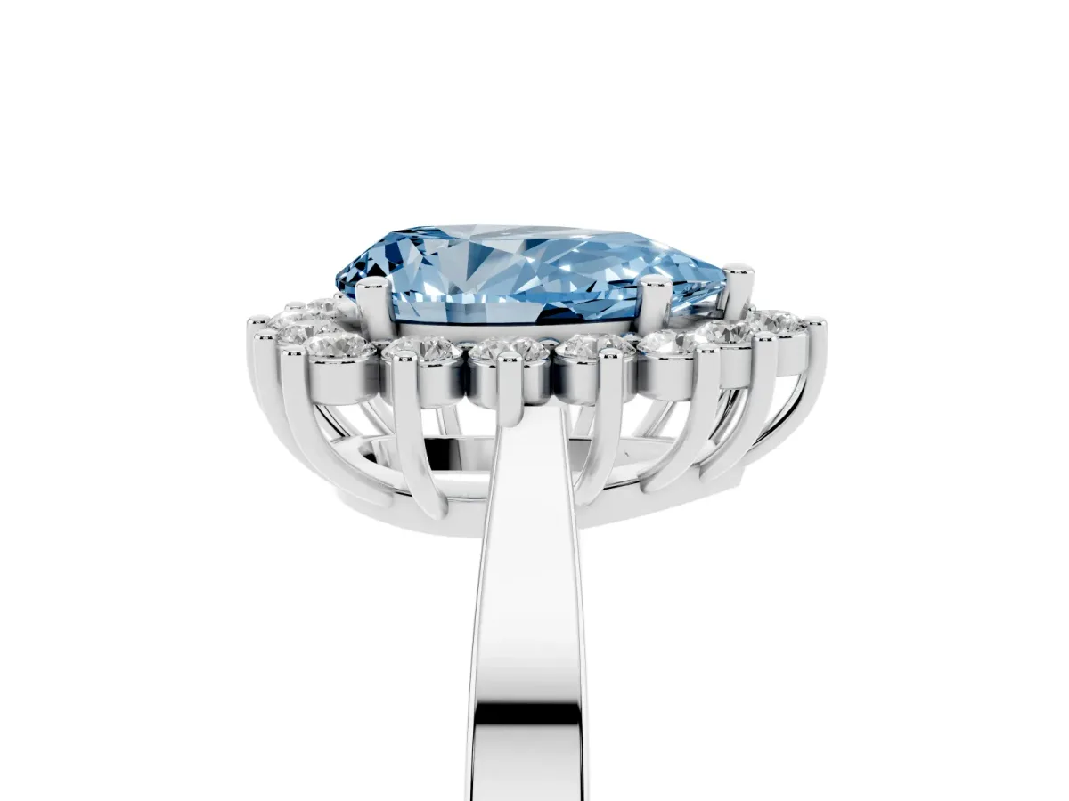 Fancy Blue Pear Cut Cut Diamond Halo Ring with Round Brilliant Halo and Solitaire Band Platinum