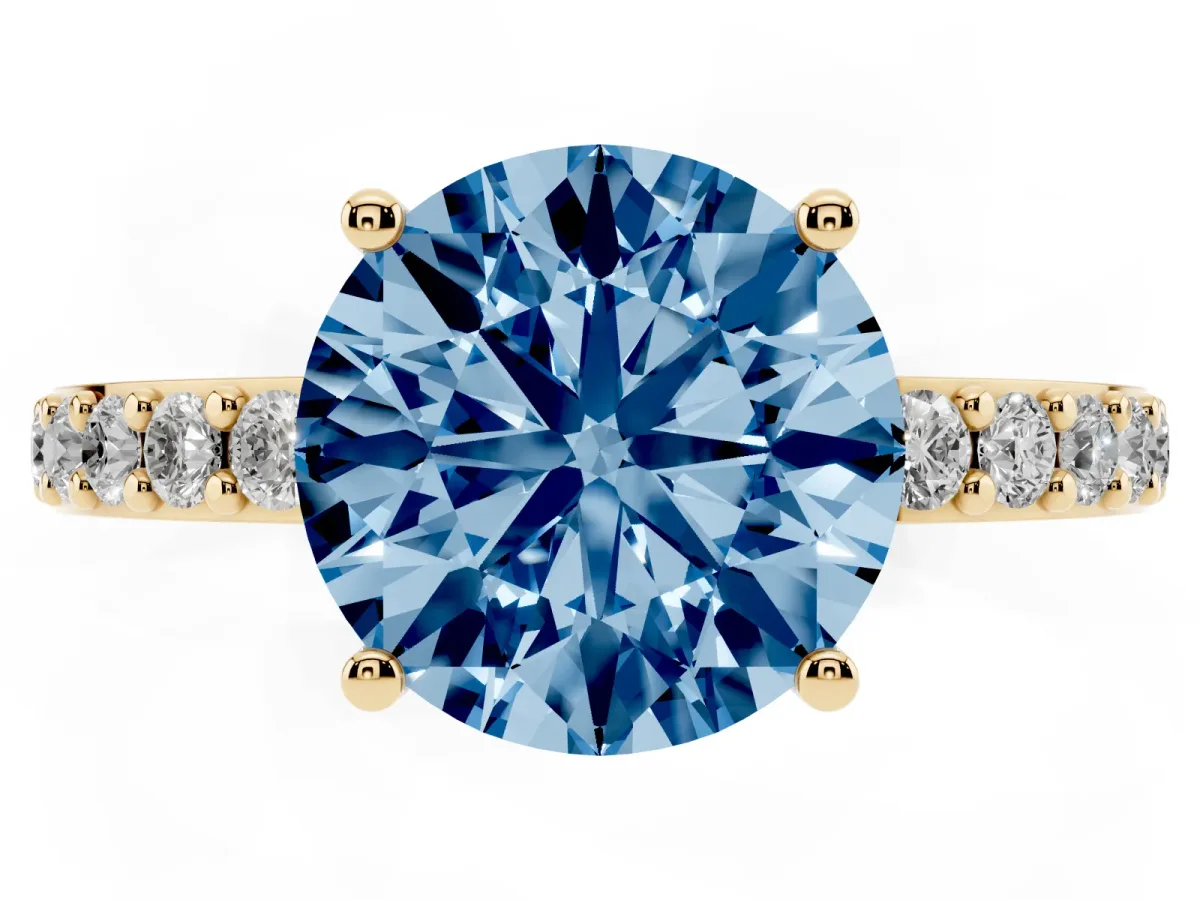 Fancy Blue Round Cut Cut Diamond Solitaire with Pave Band and Four-Prong Setting Yellow gold